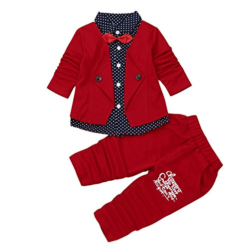 Vovotrade Bebé Niña Niño Manga Larga Alta Burguesía Ropa Conjunto Hidalgo Formal Fiesta Bautizo Boda Esmoquin Corbatín Suéteres Sudaderas Traje Blusa Pantalones 0-4 años (Altura:100cm, Rojo)