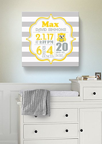 Personalized Stretched Canvas, Striped Birth Announcement, Custom Baby Name, Date, Weight Stats, Safari Owl Nursery Wall Decor, Wooden Frame Construction, Ready to Hang 30X30