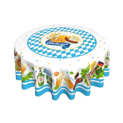Giwawa Oktoberfest Tablecloth Round 60Inch Bavarian Beer Sausage Pretzel Table Cover Heat Resistant Polyester Fabric Blue White Checkered Table Cloth for Kitchen Dining Party Holiday Decor