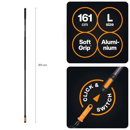 Fiskars OneClick Stiel L, Universeller Stiel für Gartenwerkzeugköpfe, Müheloses Wechseln mit nur einem Klick, QuikFit Adapter separat erhältlich, 161 cm, Leichtes Aluminium, Schwarz/Orange, 1080547