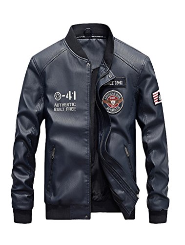 Lavnis Men's Faux Leather Jacket Casual Long Sleeve Stand Collar Baseball Coat Blue XL