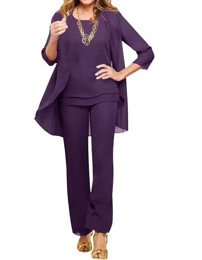 3 Pieces Mother of The Bride Pant Suits for Wedding Chiffon Pant Suits for Women Dressy Cocktail Pantsuit