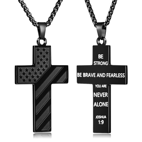 Fiusem 16-24 Inch Cross Necklace for Men, Inspirational Bible Verse American Flag Cross Chain, Stainless Steel Cross Pendant Necklace Jewelry Gift