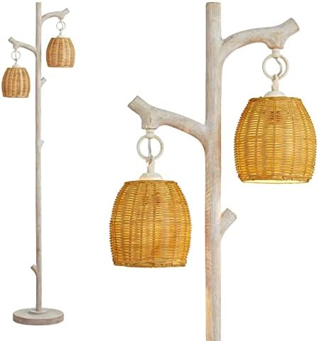 65" High Farmhouse Rustic Country Cottage Floor Lamp Tree Trunk Faux Wood Column White Washed Wicker Drum Shade Decor for Living Room Bedroom Reading Room