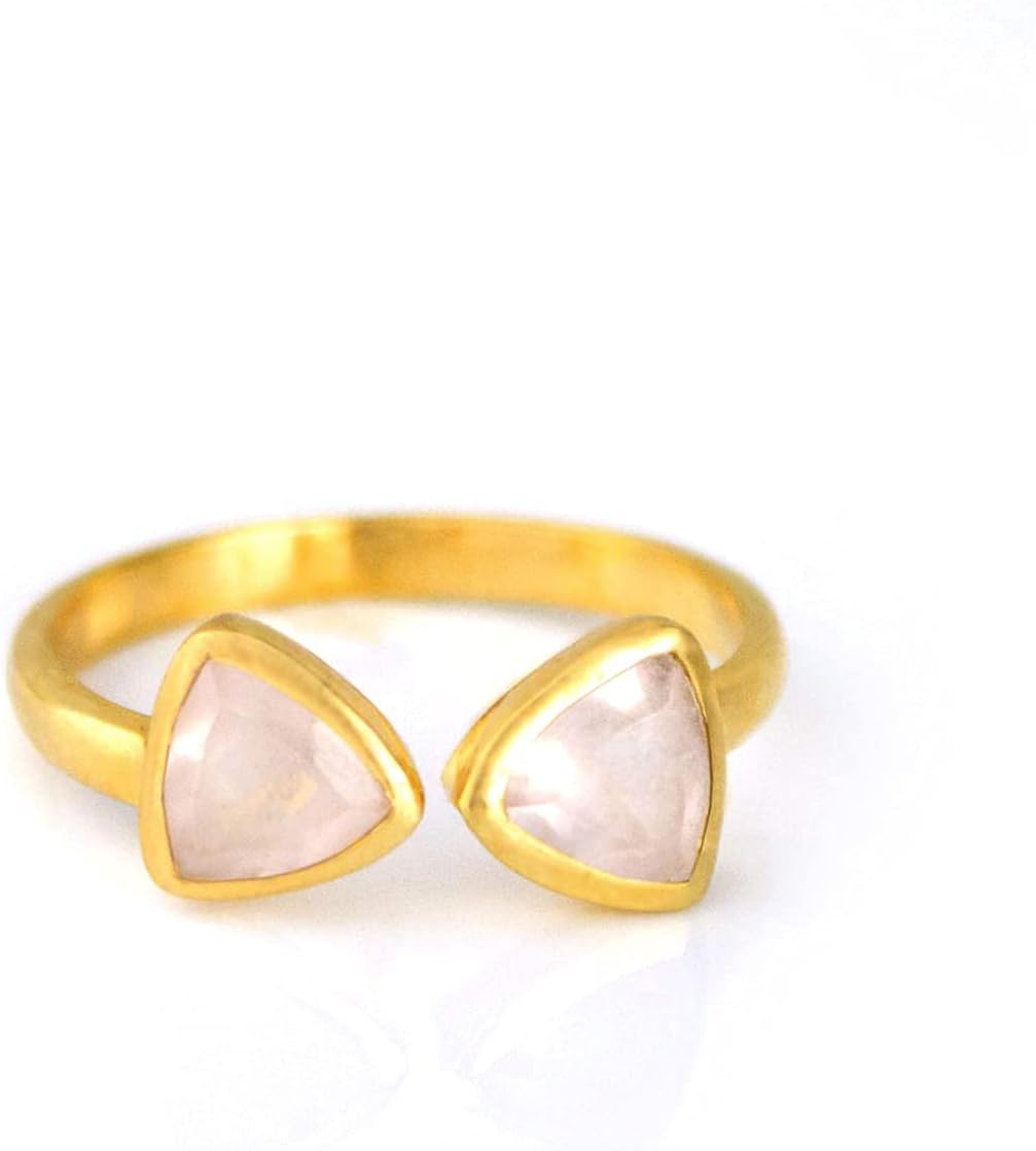 Double Birthstone Adjustable Ring, Geometric Triangle Gemstones, Bezel Set in 18k Vermeil Gold