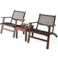 Tangkula 3 PCS Patio Conversation Set, Solid Eucalyptus Wood Frame Outdoor Wicker Furniture Set Bistro Set with Coffee Table, Rattan Furniture Set for Backyard Porch Garden Poolside Balcony (Brown)
