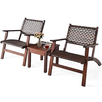 Tangkula 3 PCS Patio Conversation Set, Solid Eucalyptus Wood Frame Outdoor Wicker Furniture Set Bistro Set with Coffee Table, Rattan Furniture Set for Backyard Porch Garden Poolside Balcony (Brown)