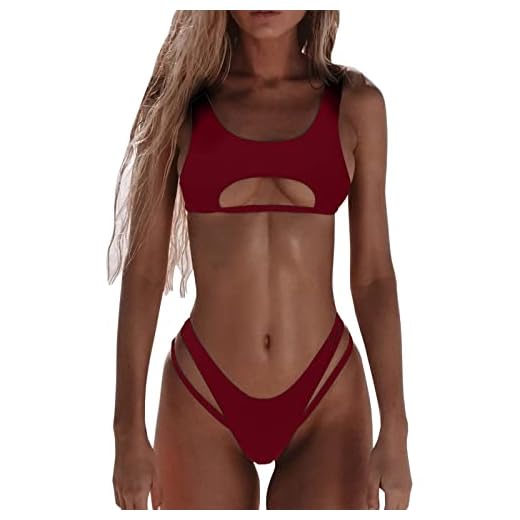 STKOOBQ Fatos de banho combinando para casais, mulheres e homens, bandeau bandagem, conjunto de biquíni push up, roupa de banho brasileira, roupa de praia, Vinho, P