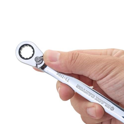 Image of BLACK CANYON 7 /16 Inch Ratchet Combination Wrench, 12-Point Box End & Hex Opening, Polished Steel Ratcheting Wrench with SAE & Metric Sizes