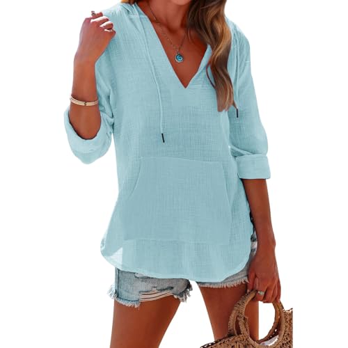Women's Beach Cover Up Casual V Neck Long Sleeve Linen Hoodie Pullover Tops Lightweight Hooded Shirt with Pocket
