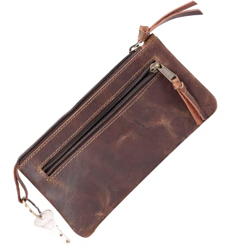 Leather Pencil Case Zipper Pouch Bags | Premium Leather Pouch Zipper Pencil Cases For Adults Pocket Organizer Pen Pouch EDC Pouch Travel Pouch Small Makup Bag for Purse Small Tool Pouch - Teak