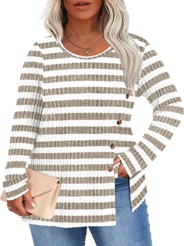 Image of HOTGIFT Womens Plus Size Sweater Tops Long Sleeve Crewneck Casual Tunic Shirts Buttons XL-5XL Blouse Soft Comfy Fashion