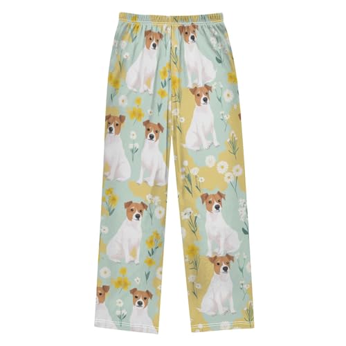 Jack Russell Dog Daisy Flowers Boys Long Pants Soft Trousers Elastic Waist Kids Lounge Bottoms with Pockets S-XL2
