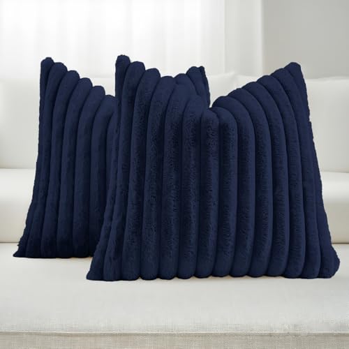 FUTEI Pack of 2 Faux Fur Throw Pillow Covers 16x16 Inch, Dark Navy