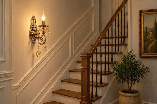 Image of Italian Wall Lamp, Antique Gold Finish, Single Light Wall Lamp with Decorative Crystals with Filament Bulb (Warm White) (Corded Electric, Glass)