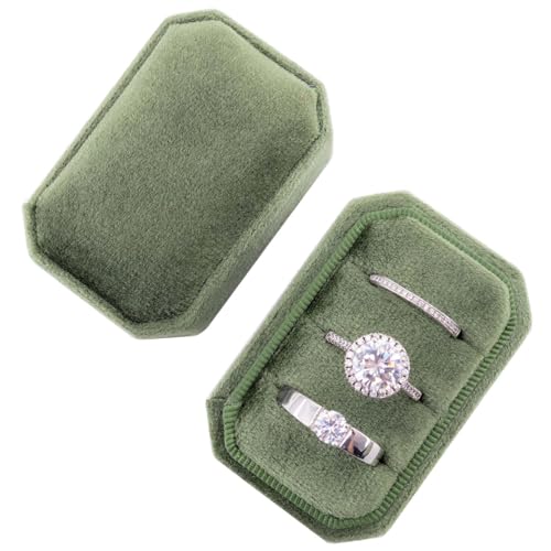 Beatilog Octagonal Rectangle Velvet Ring Box 3 Slots - Premium Handmade Wedding Three Rings Bearer Holder Vintage Orthogon Jewelry Storage for Ceremony Proposal Engagement (Olive Green)