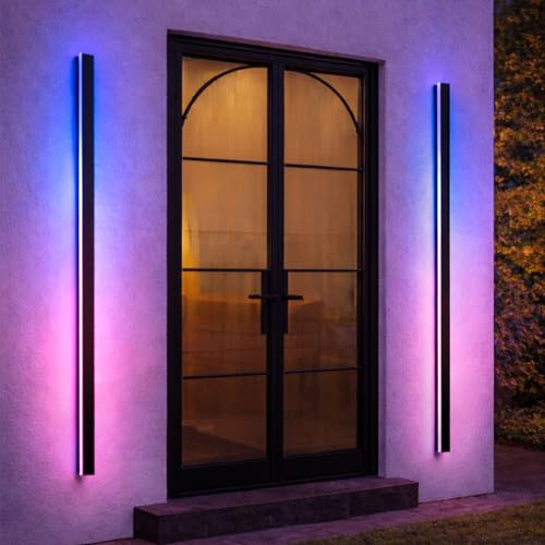 Image of Outdoor Wall Lights, 2 Pack 71 Inch Black Exterior Light Fixtures Wall Mount, RGB Modern Porch Lights Wall Sconce, Long Linear Wall Outside Lighting for House, Garage, Front Door