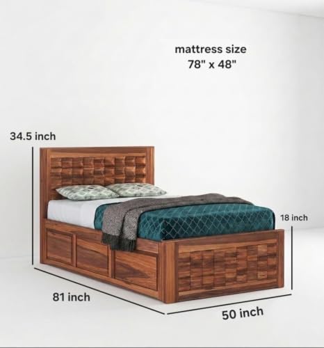 Image of Solid Sheesham Wood Single Size Bed with Storage|Wooden Box Single Size Cot Bed with Storage Box for Home,Bedroom,Hotel,Living Room|3D Diamond Hand-Carved Design Headboard|Honey Finish