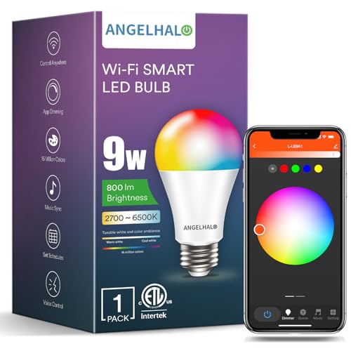 ANGELHALO Smart Light Bulbs, Color Changing A19 LED Light Bulb, Work with Alexa and Google Assistant, Wi-Fi & Bluetooth Light Bulbs, 16 Million Colors RGBCW, Music Sync, 800 Lumens, 2.4Ghz only,1 Pack