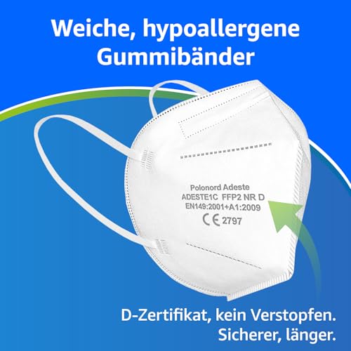 ADESTE – 50x FFP2 NR D Maske, Hygienische 5-lagige Staubschutzmaske, EN149:2001+A1:2009 Mundschutzmaske EU2016/425, Weiß, Atemschutzmaske, Einzelne versiegelte Beutel