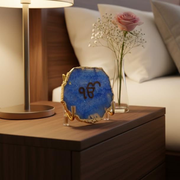 Image of Ik Onkar Metal Holder with Blue Agate, Festive Home Decor Showpiece for Temple, Meditation and Prayer Room, Decorative Corporate Gift for Diwali, Housewarming and Spiritual Spaces