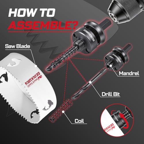 Geinxurn 5 in(127mm) Hole Saw Set, HSS Bi-Metal Hole Cutter with Arbor and Hex Wrench, 4PCS Hole Saw Kit for Wood, Drywall, PVC Boards, Thin Metal & Plastic by GEINXURN - Used condition - Image 7
