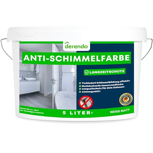 derendo Anti Schimmel Farbe weiß innen 5 Liter Wandfarbe weiß gegen Schimmel Badezimmer Feuchtraumfarbe Schimmel Stopp Langzeitschutz Schimmelentfernung