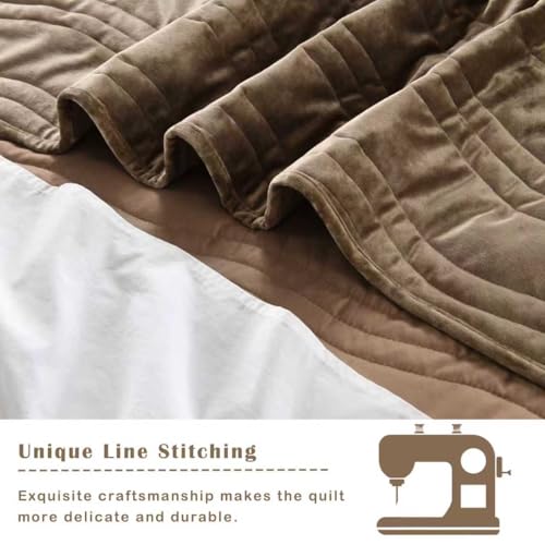 Image of Velvet Quilt Set, Mocha Brown Velvet Quilt Queen Size Comforter Set, Luxury Bedding Soft Plush Bedspread, Machine Washable Coverlet, All-Season 3 Pieces