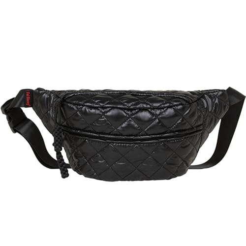 TWO KAT Metalic Quilted Chest Fanny Pack Crossbody Bag with Multi Pockets & Adjustable Strap, Fashionable Men Women Sling Backpack, Casual Waist Belt bag (Black)