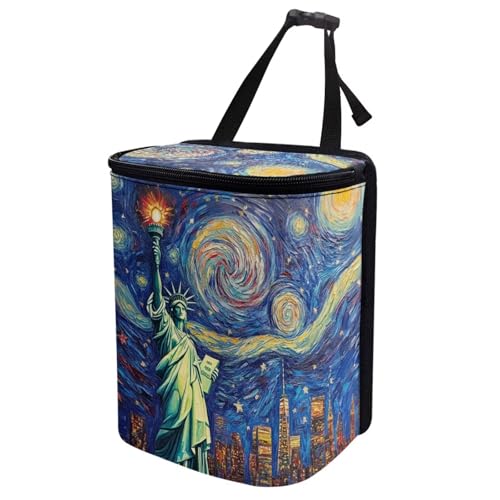 Image of Statue of Liberty Print Car Accessories Back Seat Multipurpose Car Trash Can with Lid, Leak Proof Waterproof Hanging Car Garbage Can for Road Trip Travel