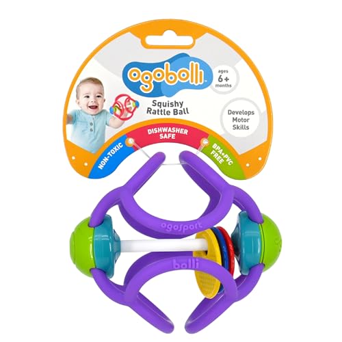 Image of OgoBolli Teether Ring Tactile Sensory Ball and Baby Rattle Toy for Babies & Toddlers - Stretchy, Squishy, Soft, Non-Toxic Silicone - Boys and Girls Age 6+ Months - Purple