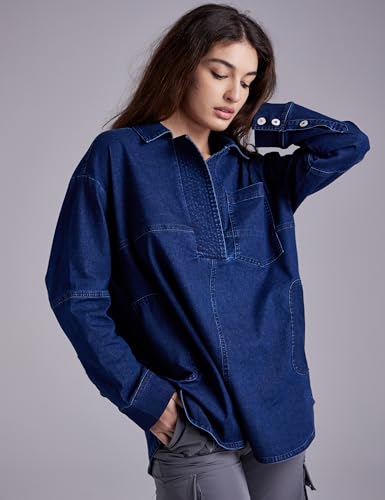Women Denim Pullover Oversized Jean Shirt Top V Neck Long Sleeve Jacket Casual Jean Shacket with Pocket2