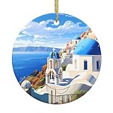 Design détaillé : ce pendentif circulaire en céramique WHJSHOP Santorini avec vue sur la mer est fabriqué en porcelaine blanche de haute qualité et a un aspect circulaire. Chaque pièce en céramique est perforée et équipée d'un câble métallique doré pour une décoration facile à suspendre.