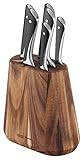 Tefal Jamie Oliver - Juego de cuchillos (7 piezas: cuchillo de cocina de 20 cm, cuchillo de carne/jamón de 20 cm, cuchillo de pan de 20 cm, cuchillo Santoku de 16,5 cm, cuchillo universal de 12 cm, cuchillo pelador de 9 cm y bloque de madera de acacia)