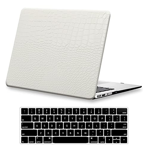 Kerom Compatible With Crocodile Macbook Air 13 Inch Case 2021 2020 2019 2018 Release M1 A2337 A2179 A1932 With Touch Id, Faux Alligator Skin Leather Hard Shell Case & Keyboard Cover, White #TOP18