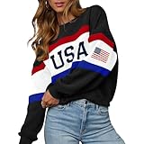 LEEDYA Womens USA Sweatshirt Crewneck American Flag Sweater Long Sleeve 4th of july T shirts Loose Fit Pullover Tops Spring Black M