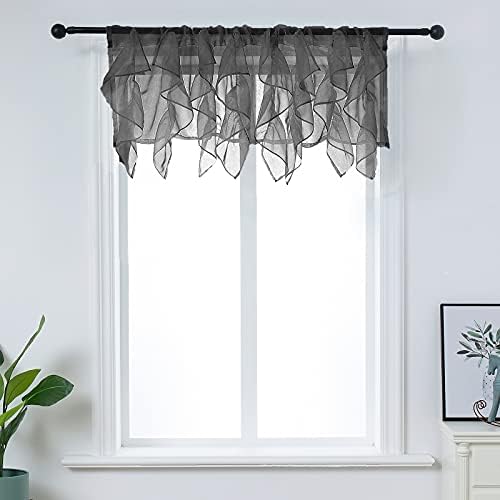 PearAge Ruffled Voile Semi Sheer Curtain Valance, Kitchen Living Room Shabby Chic Ruffle Valance Curtains, Girls Daughters Bedroom Cascade Window Valance Black 50x16 Inches