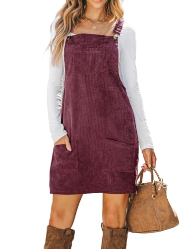 CUPSHE Damen Latzrock Quadratischer Ausschnitt Hosenträger Taschen Cord Latzkleid Overallkleid Freizeitkleider Corduroy Mini Dress Weinrot M