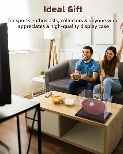 Image of Fitense Football Display Case Acrylic Clear, Football Stand Holder Full Size with Solid Wood Base, UV Protected Football Display Box with Removable for Football Fans & Collectors, Memorabilia & Gift