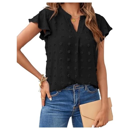 MEROKEETY Women Summer V Neck Ruffle Short Sleeve Blouse Swiss Dot Flowy Shirt Tunic Top Black Medium