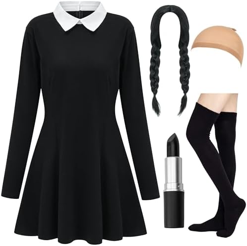 Halloween Costumes for Women 2026 - White Collar Long Sleeve Black Dress