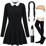 HMPRT Halloween Costumes for Women - White Collar Long Sleeve Black Dress, Black Braided Wig and Sock,XL