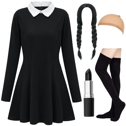HMPRT Halloween Costumes for Women - White Collar Long Sleeve Black Dress, Black Braided Wig and Sock,XL