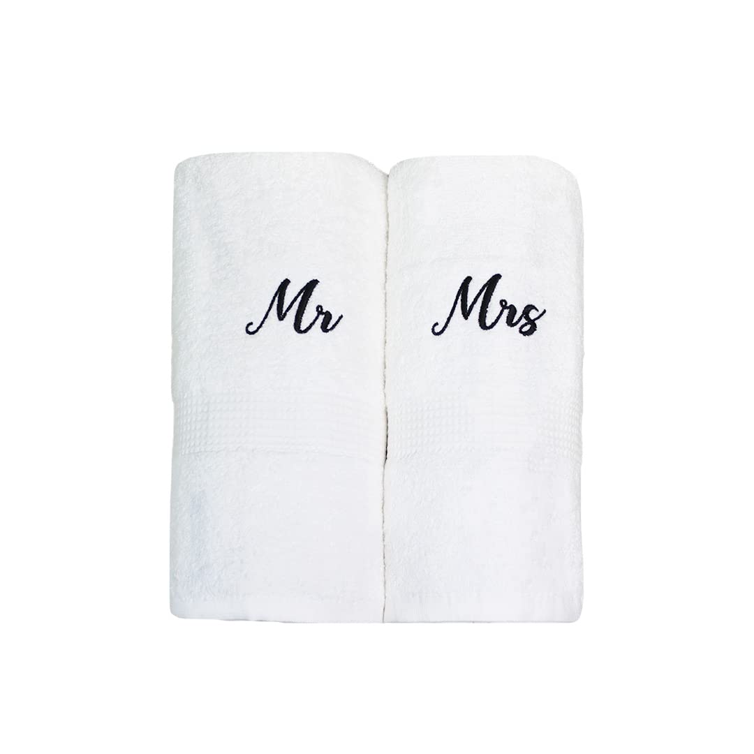 100% Egyptian Cotton Embroidered Mr and Mrs White Soft Waffle Pack of 2 Couples Hand Towel Bath Towel Set (Bath Towel Set)