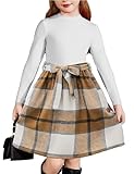 Picture of Arshiner Girls Dresses Long Sleeve Rib Knit Plaid Patchwork Belted Dress with Pockets White/Brown Plaid Kids 8