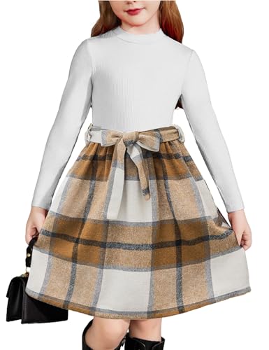 Arshiner Girls Dresses Long Sleeve Rib Knit Plaid Patchwork Belted Dress with Pockets
