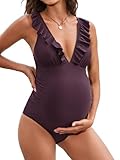 CUPSHE Damen Maternity Badeanzug V Ausschnitt Volants Lace Up Nach Schwangerschaft Einteilige Umstandsbademode Swimsuit Braun L