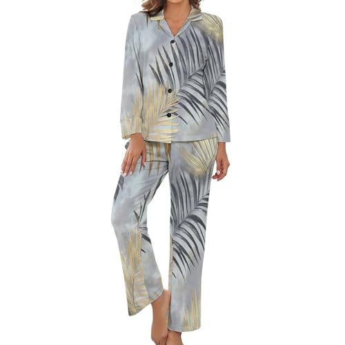 Pyjama femme imprimé feuille de palmier dorée haut de gamme fluide