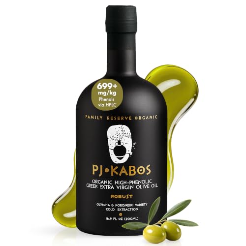 PJ KABOS Very High Phenolic (699 mg/kg), USDA Organic Greek Extra Virgin Olive Oil, Kosher, Greece, Cold Extracted, 16.9oz Bottle, Family Reserve Organic - Robust