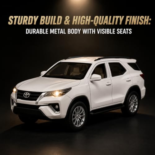 Image of 1:32 Scale Fortuner Die Cast Pull Back Toy Car for Kids with Openable Doors Light and Sound Friction Powered Miniature Collectible Car Toy Gift for Children Realistic SUV Design (1:32 White Fortuner)